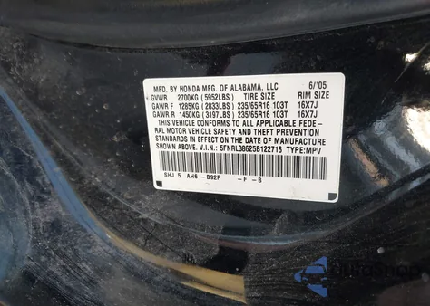 2005 Honda Odyssey Ex-L from USA, damaged, VIN 5FNRL38625B122716